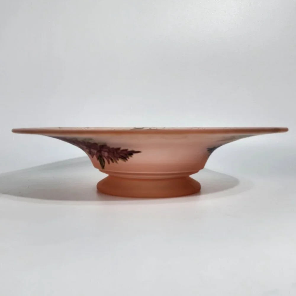Pink Frosted Glass Bowl Hand Painted Purple Lavender Floral w/Gold Accents VTG